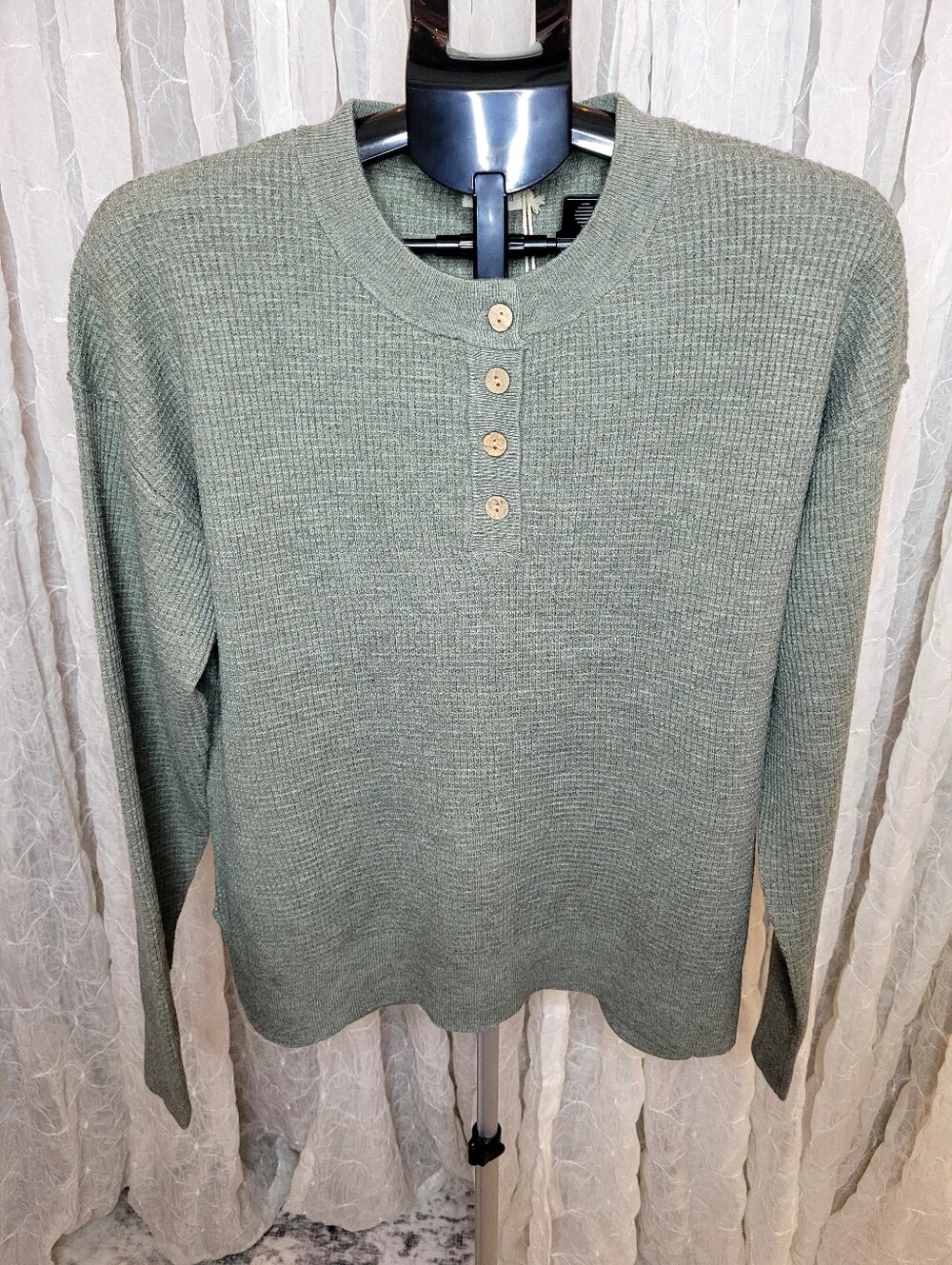 Hem & Thread Gray Green Waffle Knit Henley Pullover High Low Sweater Large